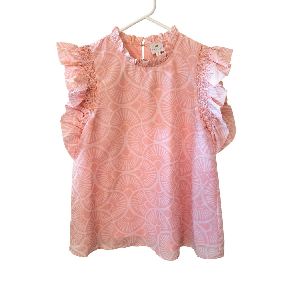 J MARIE Pink Fan Print Preppy Feminine Beachy Coastal Ruffle Smocked Top SMALL